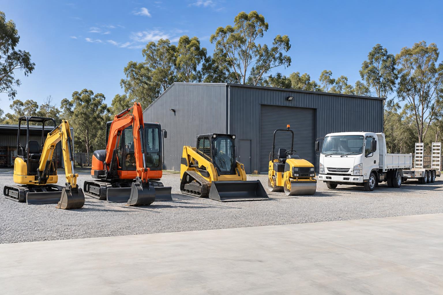 Compact excavators, a track loader, roller, tipper and plant trailers arranged in an equipment yard